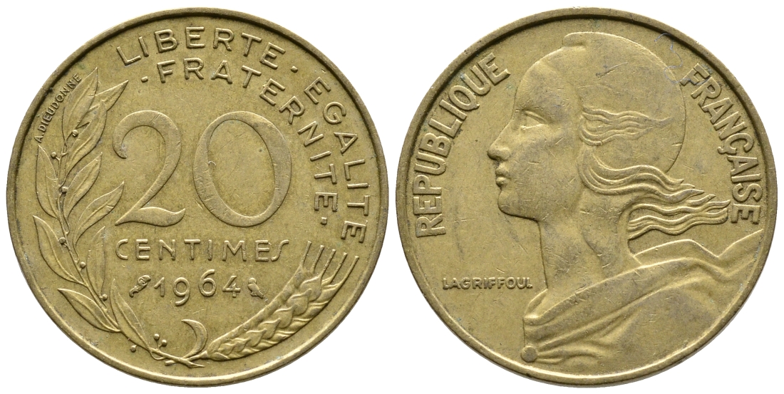 ФРАНЦИЯ 20 САНТИМОВ 1964 ТИП MARIANNE KM 930, LE FRANC 156.4 алюминиевая бронза 4364-3247