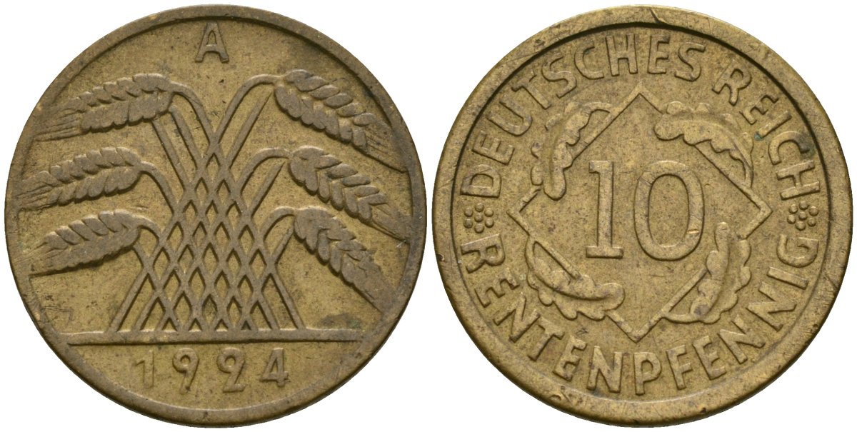 Германия 10 рентенпфеннигов 1924 A KM 33 алюминиевая бронза 4171-1112