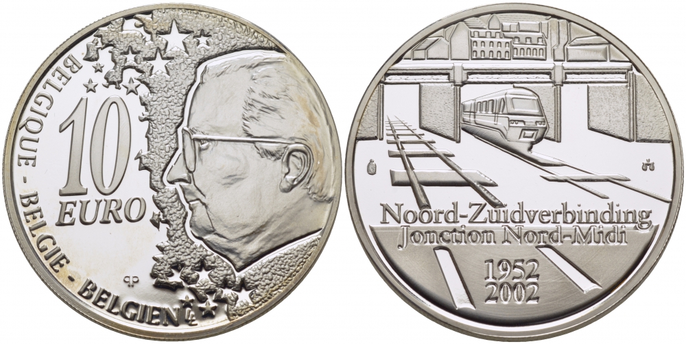 Бельгия 10 евро 2002 50 лет открытию железнодорожной ветки Норд-Миди около Брюсселя KM 233 серебро PROOF 1077-7-42