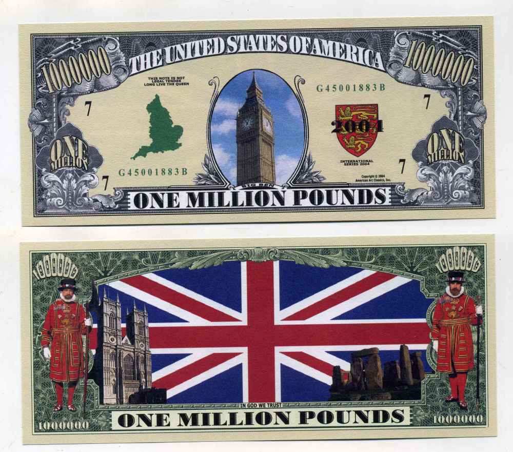 США 1000000 ДОЛЛАРОВ 2004 СУВЕНИРНАЯ БАНКНОТА, КОРОЛЕВСТВО ВЕЛИКОБРИТАНИИ, БИГБЭН В ЛОНДОНЕ, АНГЛИЙСКИЙ ФЛАГ бумага UNC (ПРЕСС) 8588-62-1-2