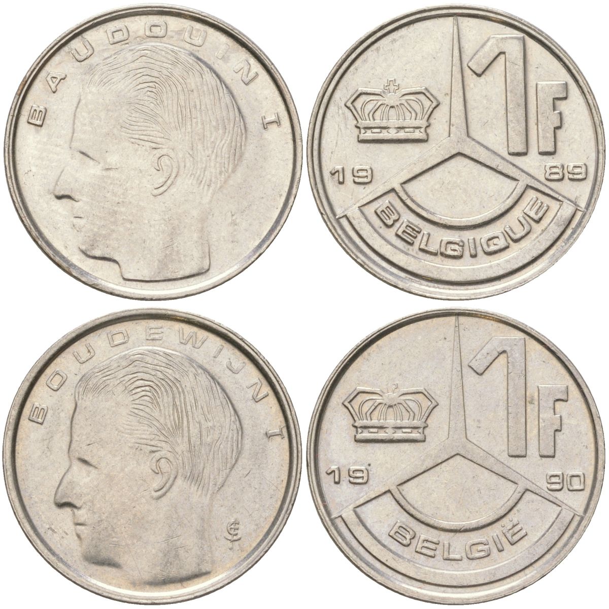 Бельгия набор из 2 монет разных типажей (1 франк) 1989 и 1990 Belgique и Belgie, Бодуэн I (1951-1993) KM 170 и 171 нержавеющая сталь 4611-915