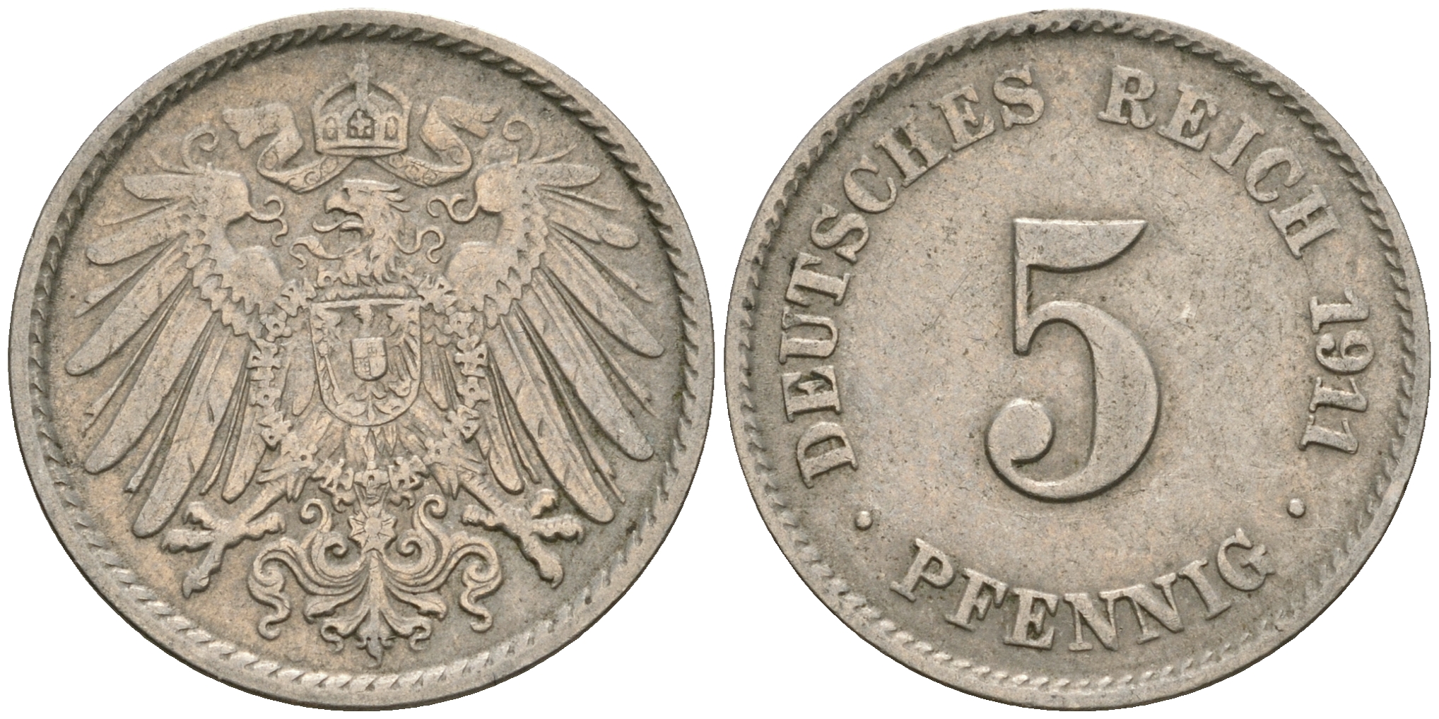 Германия 5 пфеннигов 1911 J KM 11, Jager 12, Weege 6 медно-никель 08-1313