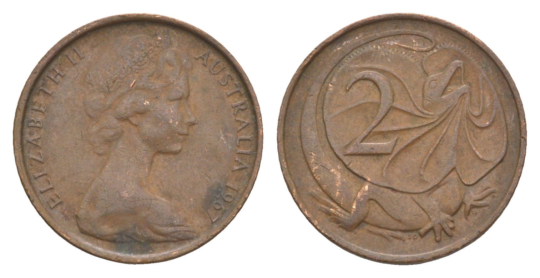 Австралия 2 цента 1967 Елизавета II (1952-2022), плащеносная ящерица KM 63 бронза 4585-1062