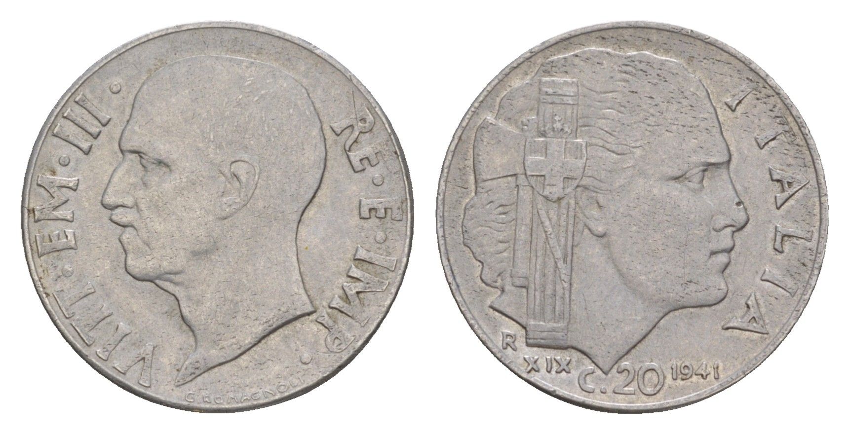 Италия 20 чентезимо 1941 IX год, Виктор Эммануил III (1900-1946) KM 75b нержавеющая сталь 4547-959