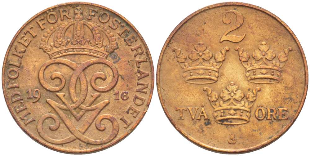 Швеция 2 эре 1916 Густав V (1907-1950), короткая шестерка KM 778 бронза 210-1032