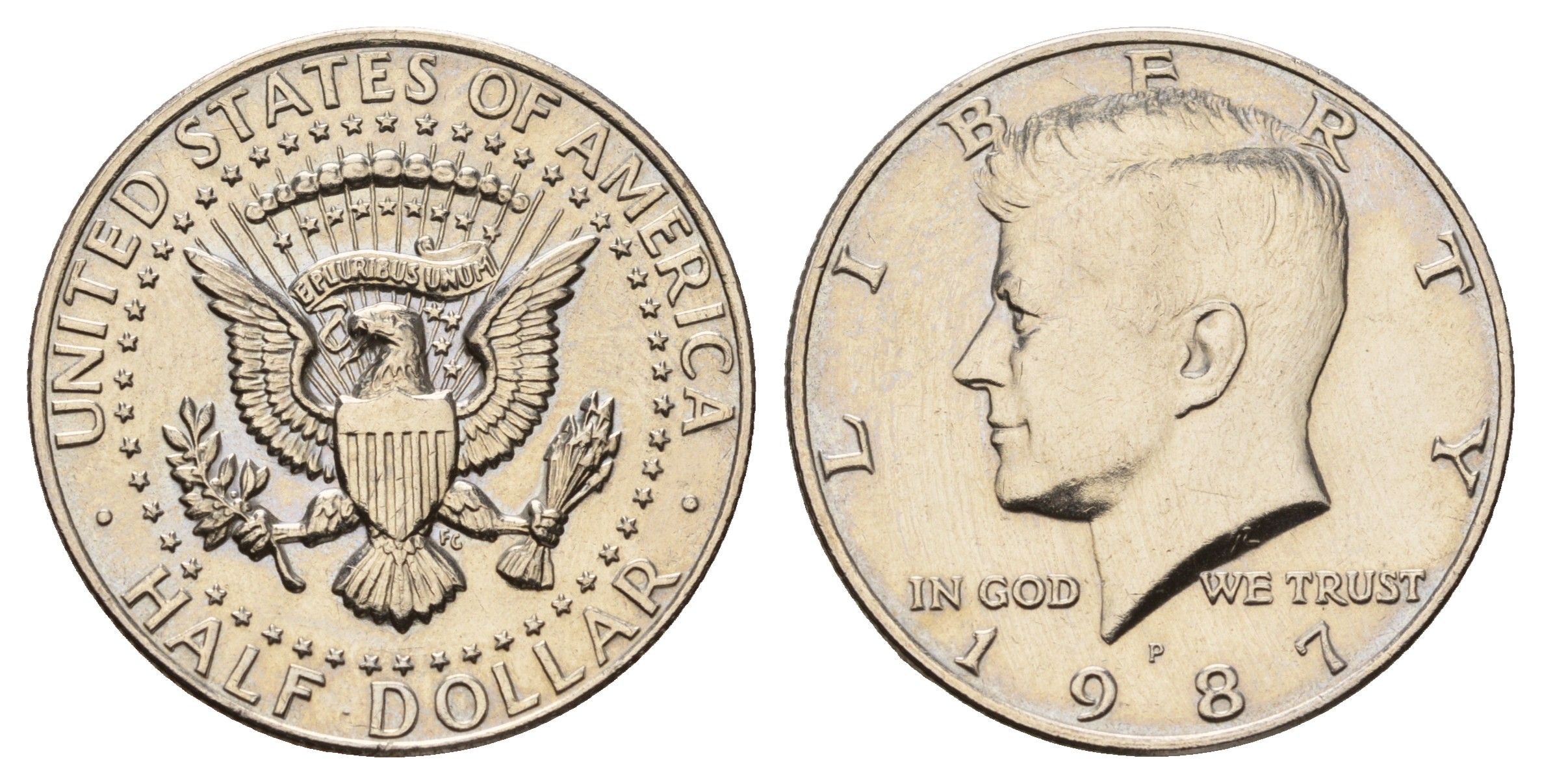 США 1/2 доллара (50 центов) 1987 P, Джон Кеннеди, редкий год KM A202b медь плакированная медно-никелем UNC 4672-633