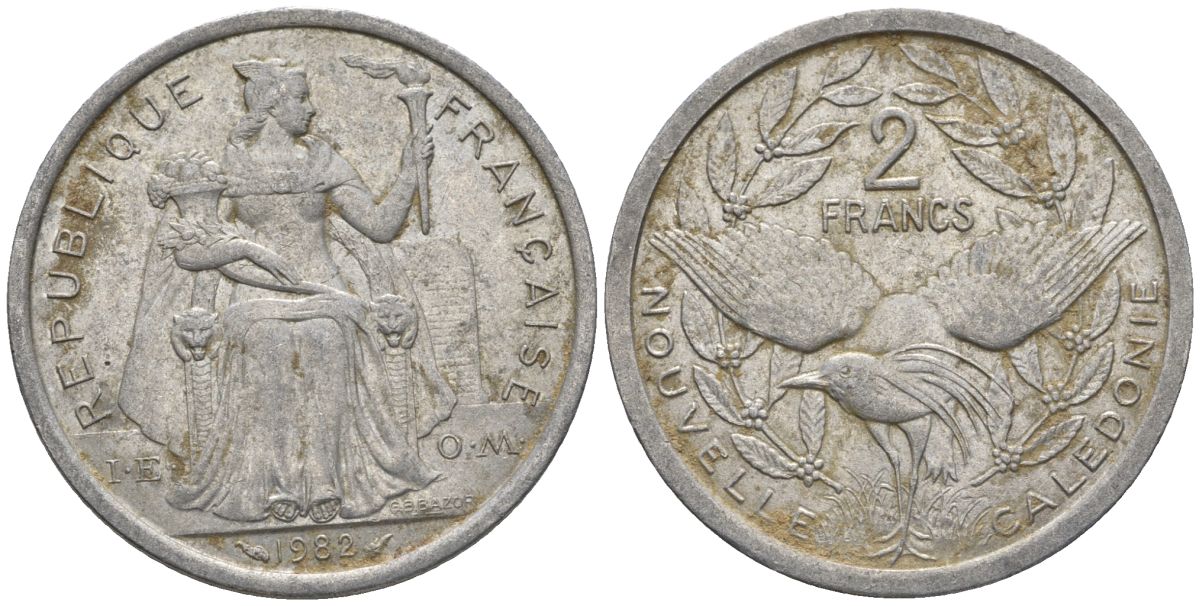 Французская Новая Каледония 2 франка 1982 птица кагу, (IEOM) KM 14, Schoen 11, Lec 62 алюминий    27-451