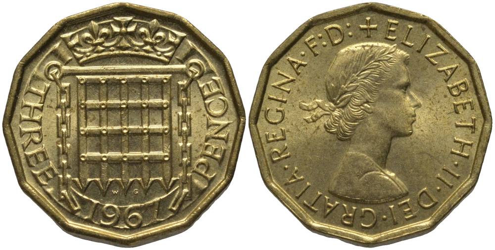 Великобритания 3 пенса 1967 Елизавета II (1952-2022) KM 900, Spink 4153 никель латунь UNC 181-617