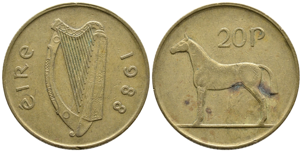 ИРЛАНДИЯ 20 ПЕНСОВ 1988 ЛОШАДЬ KM 25 никель бронза 4110-1015
