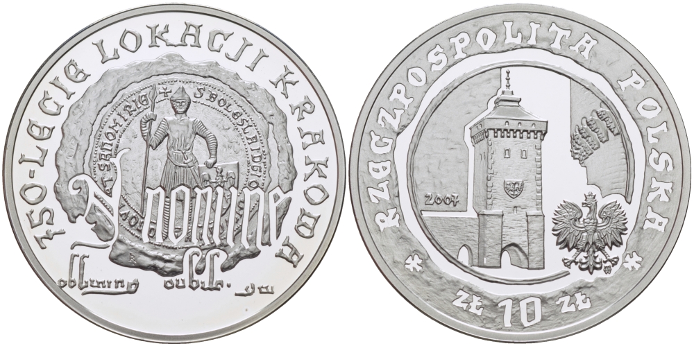 Польша 10 злотых 2007 MW, 750 лет основания города Кракова KM 595 серебро PROOF 06-245-15