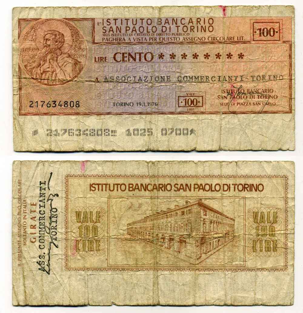 Италия чек на 100 лир 1976 Istituto Bancario san Paolo Di torino, ассоциация торговцев Турина, 19 января 1976 Турин бумага 8588-9-2-1