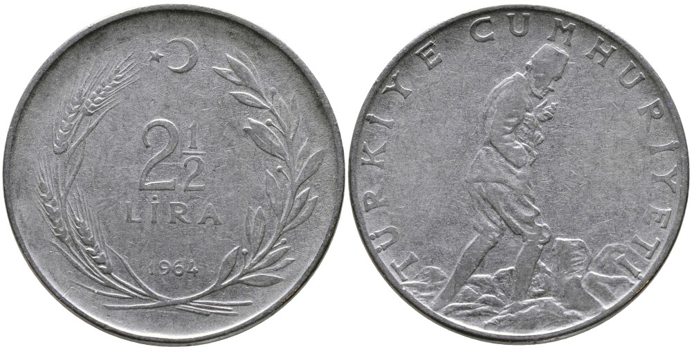 ТУРЦИЯ 2 1/2 ЛИРЫ 1964 KM 893.1 нержавеющая сталь 29-1041