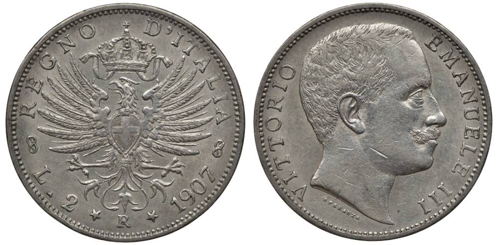 Италия 2 лиры 1907 R, Виктор Эммануил III (1900-1948), Савойский орел (символ Рима), KM 33 серебро 00-821-44