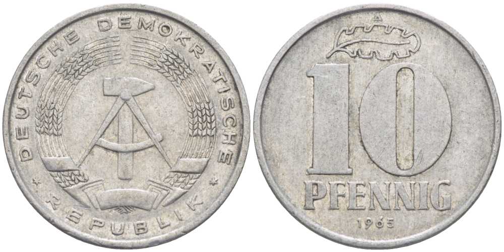ГДР 10 ПФЕННИГОВ 1965 А KM 10 алюминий 4402-223