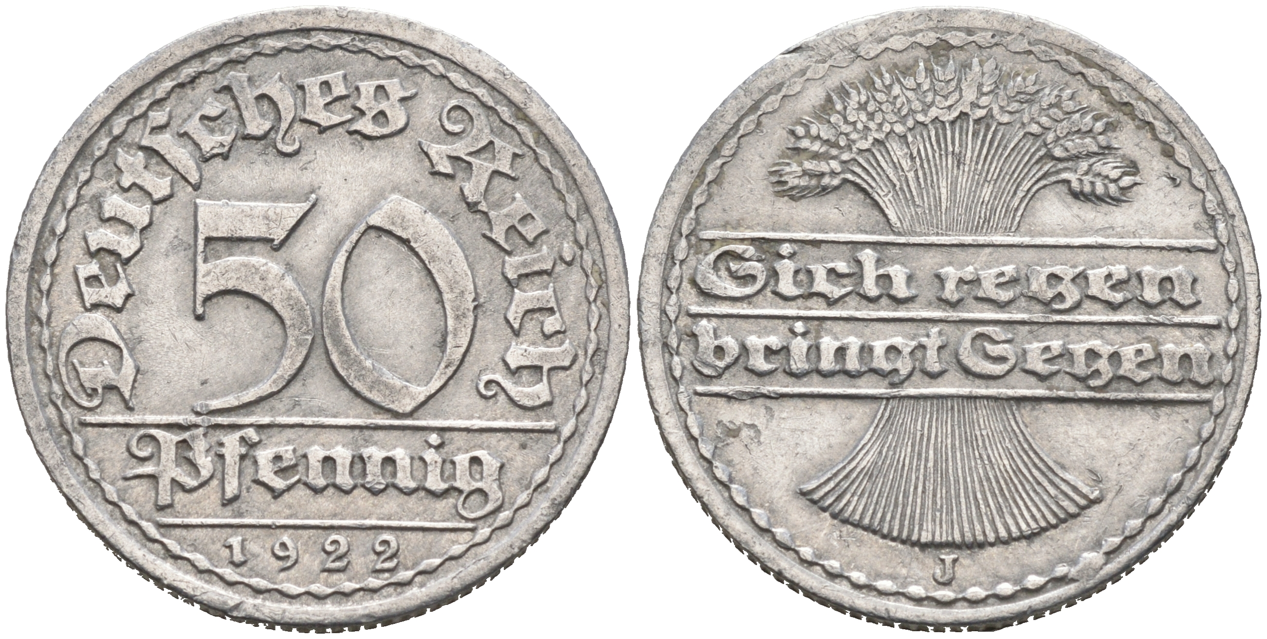 ГЕРМАНИЯ 50 ПФЕННИГОВ 1922 J KM 27, J. 301, Weege 10 алюминий 4566-536