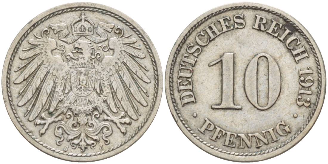 Германия 10 пфеннигов 1913 J KM 12, Jager 13, Weege 8 медно-никель 219-235