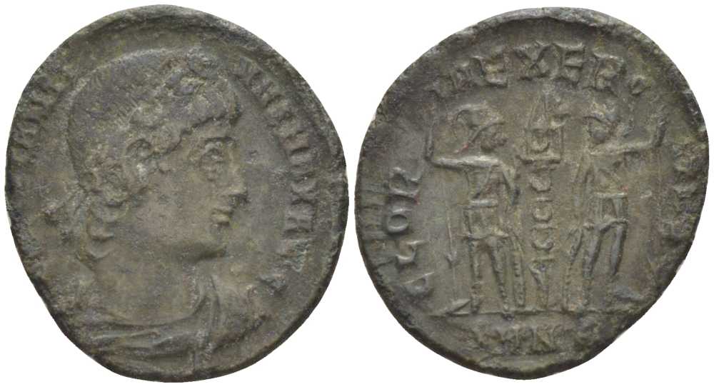 Римская Империя нуммий 336 - 337 Константин I Великий, CONSTANTINVS MAX AVG / GLORIA EXERCITVS, Никомедия, (степень редкости S) RIC 199 биллон 1073-17-101