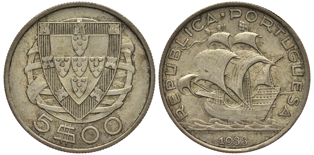 ПОРТУГАЛИЯ 5 ЭСКУДО 1933 ПАРУСНИК KM 581 серебро 1527-422