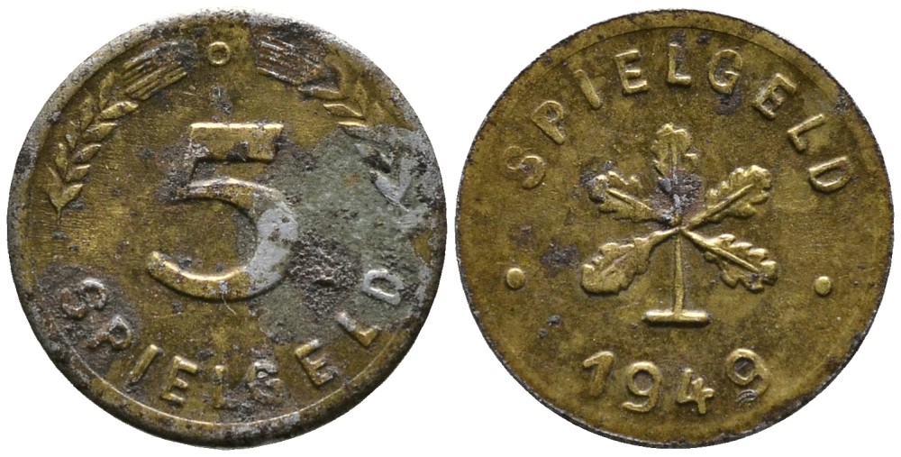 ФРГ 5 ИГРОВЫХ ПФЕННИГОВ 1949 SPILGELD, ДИАМЕТР 13 ММ. сталь покрытая латунью 4532-136