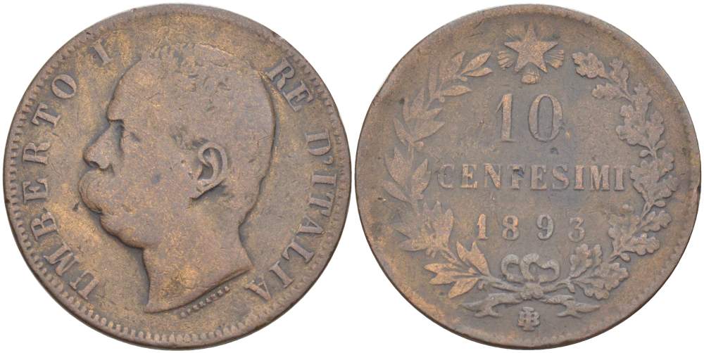 ИТАЛИЯ 10 ЧЕНТЕЗИМО 1893 BЛ, МОНДВОР БИРМИНГЕМ, УМБЕРТО I (1878-1900) KM 27.1 медь 4526-944
