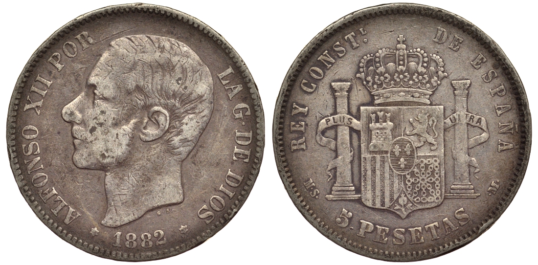 Испания 5 песет 1882 (82) MS-M, Альфонсо XII (1874-1885) KM 688 серебро 00-1067-2-23