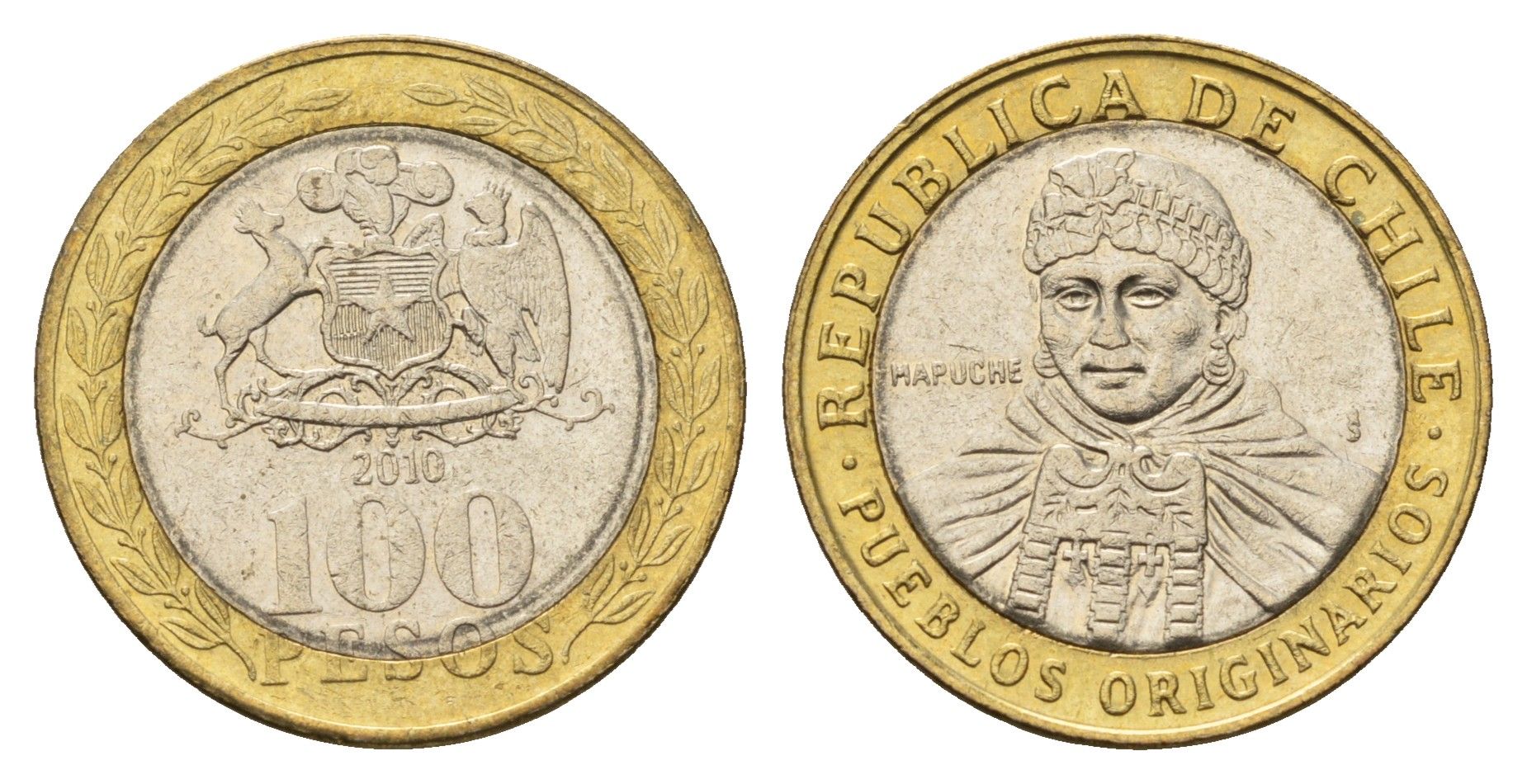 Чили 100 песо 2010 индейцы Мапуче KM 236 биметалл UNC 4695-1144