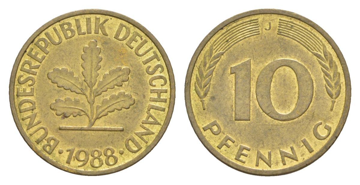 ФРГ 10 пфеннигов 1988 J KM 108 сталь плакированная латунью 4629-613