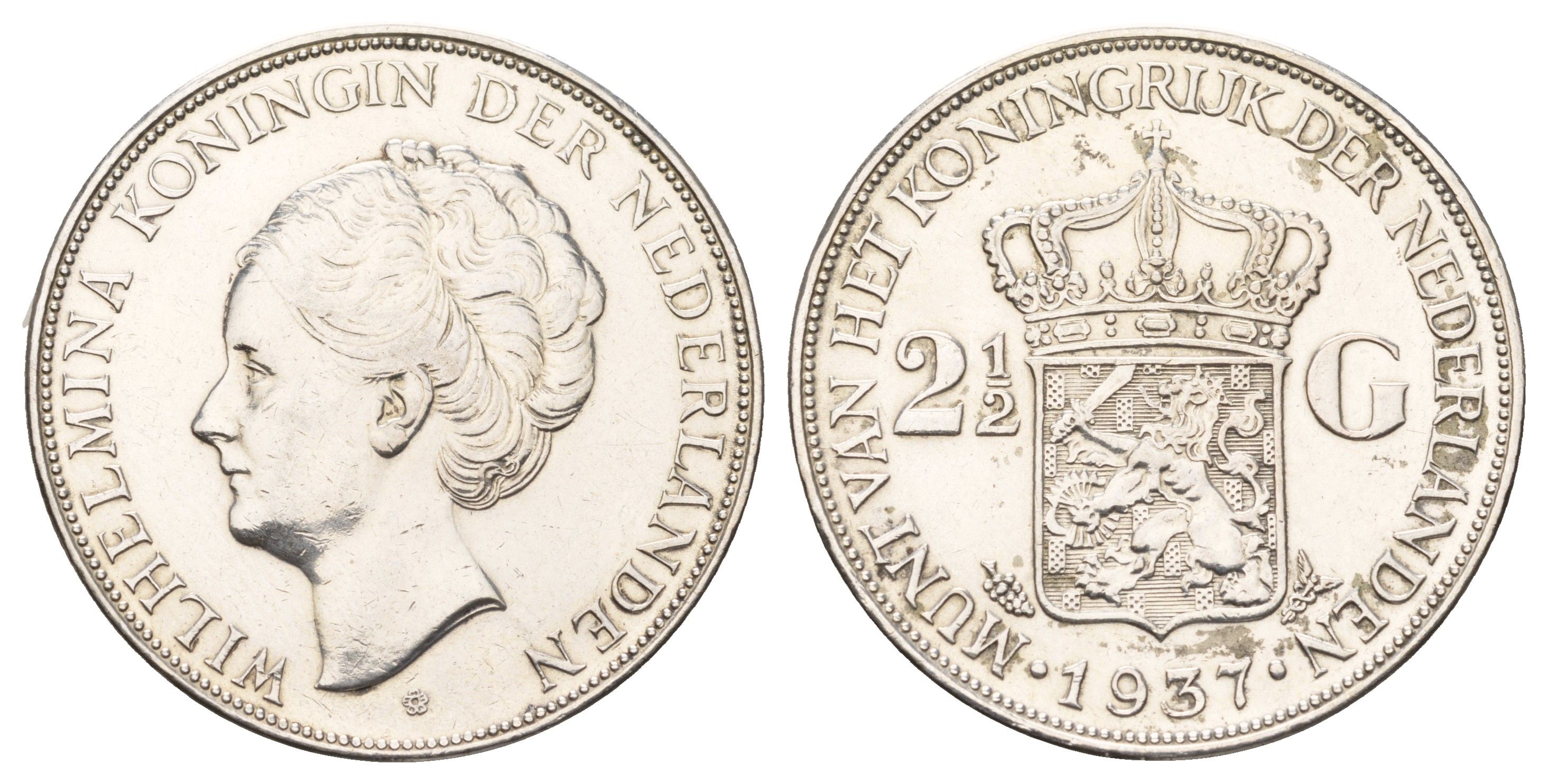 Нидерланды 2,5 (2 1/2) гульдена 1937 Вильгельмина I (1890-1948) KM 165 серебро 1518-923