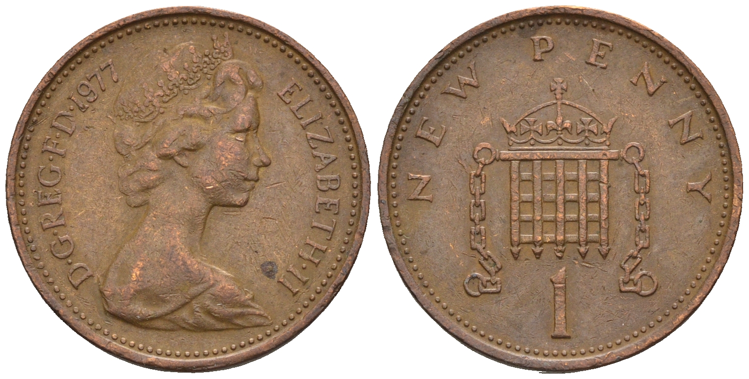 Великобритания 1 пенни 1977 Елизавета II (1952-2022) KM 915, Spink 4237 (B1) бронза 4609-512