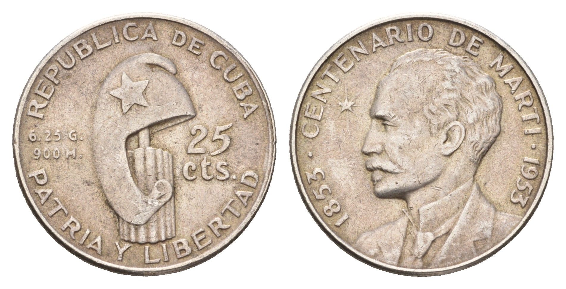 Куба 25 сентаво 1953 100 лет со дня рождения Хосе Марти KM 27 серебро 00-00