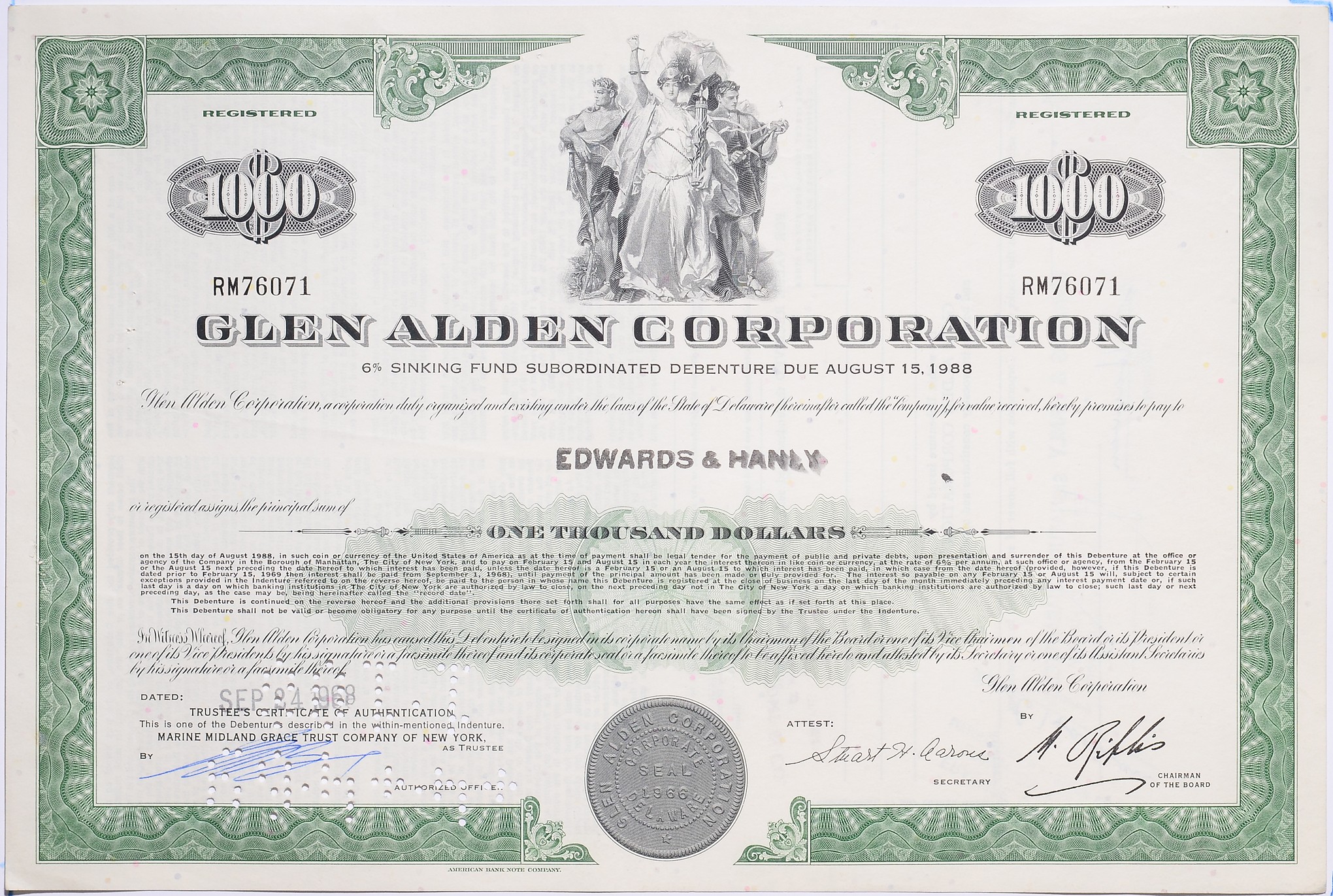 США 6 % ДОЛГОВОЕ ОБЯЗАТЕЛЬСТВО НА 1000 ДОЛЛАРОВ КОМПАНИИ GLEN ALDEN CORPORATION 1988 бумага 5548-2-1-1