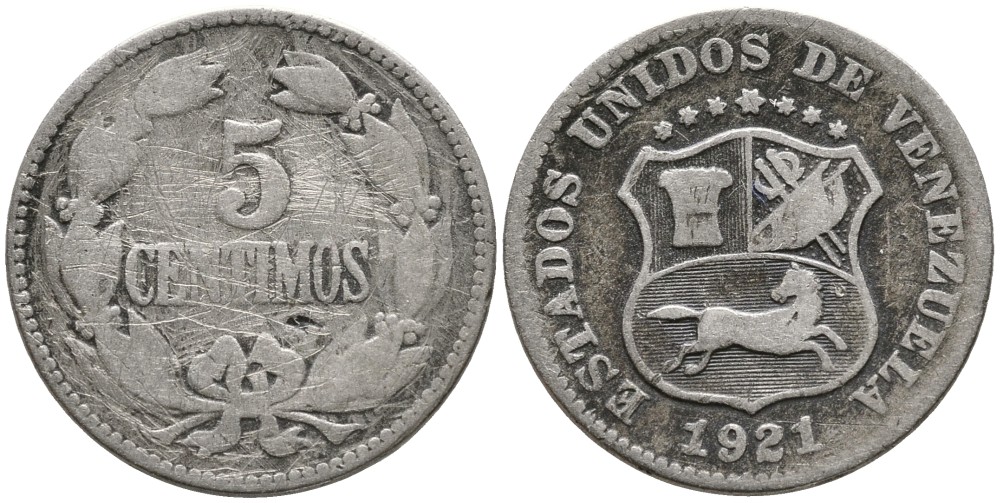 ВЕНЕСУЭЛА 5 СЕНТИМО 1921 РЕДКИЙ ГОД KM 27 медно-никель 4532-248