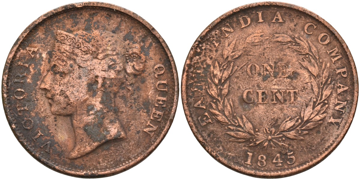 Стрейтс-Сетлментс 1 цент 1845 Виктория (1837-1901), Ост-Индская компания KM 3 медь 4590-216