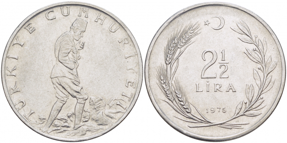 ТУРЦИЯ 2 1/2 ЛИРЫ 1976 KM 893.2 сталь 4179-113
