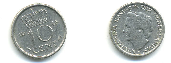 Нидерланды 10 центов 1948 Вильгельмина (1895-1948) KM 177 никель 83-956