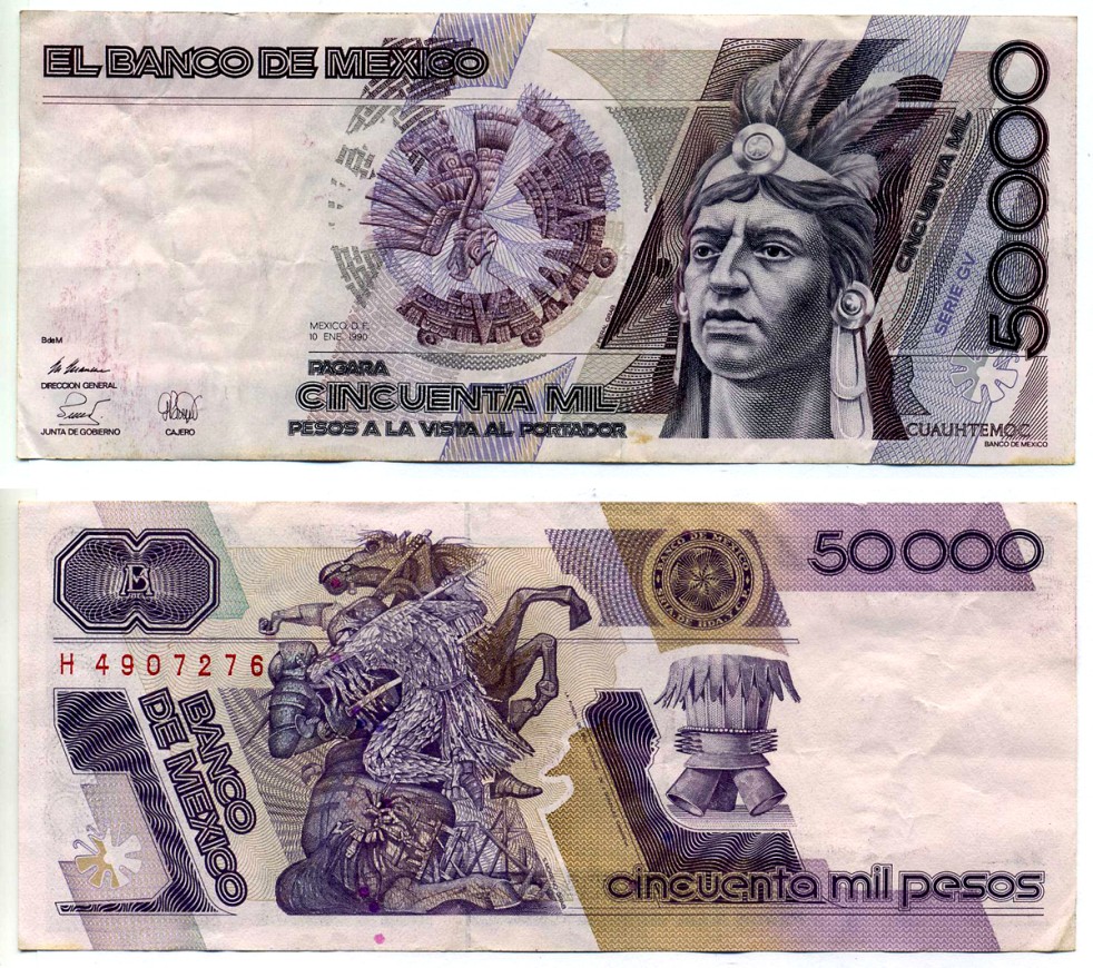 Мексика 50000 песо 1990 10 января 1990 Pick 93b бумага 2196-24-2-2