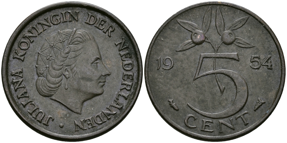 НИДЕРЛАНДЫ 5 ЦЕНТОВ 1954 ЮЛИАНА KM 181 бронза 95-311