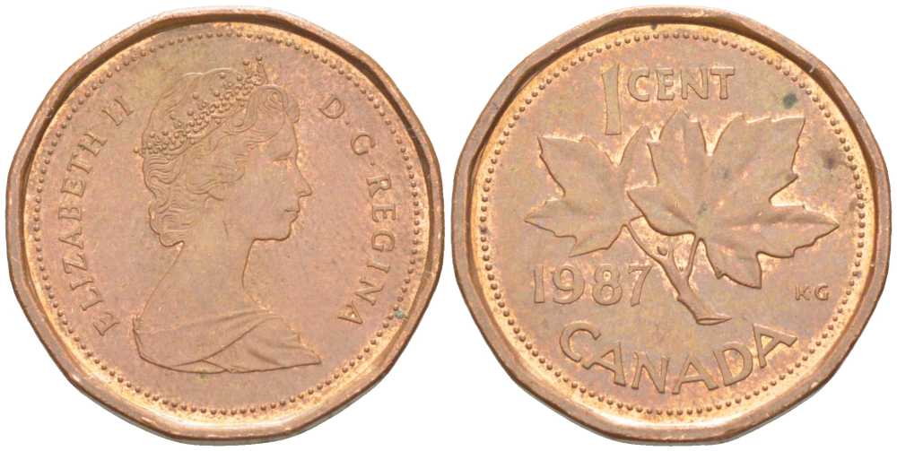 Канада 1 цент 1987 Елизавета II (1952-2022), кленовый лист KM 132 бронза 99-933