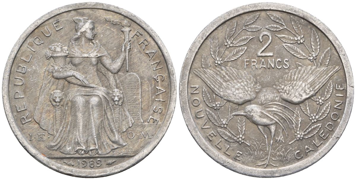 Французская Новая Каледония 2 франка 1989 птица кагу, (IEOM) KM 14, Schoen 11, Lec 65 алюминий    24-625