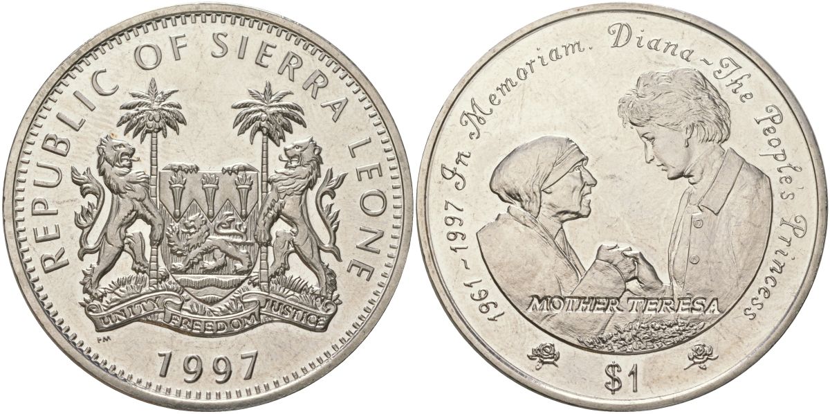 Сьерра-Леоне 1 доллар 1997 Диана - Народная принцесса и Мать Тереза KM 77 медно-никель BU 4368-932