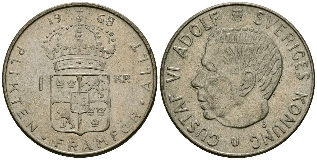 Швеция 1 крона 1968 U, Густав VI Адольф (1950-1973) KM 826 серебро 4177-1023