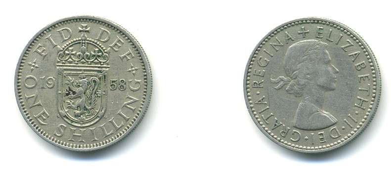 Великобритания 1 шиллинг 1958 Елизавета II (1952-2022), Шотландский герб KM 905, Spink 4148 медно-никель 80-1056