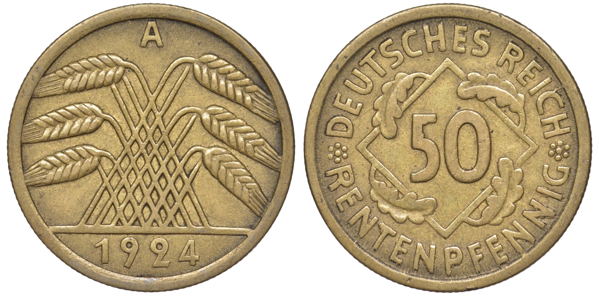 Германия 50 рентенпфеннигов 1924 A J. 310, KM 34 алюминиевая бронза 4118-146