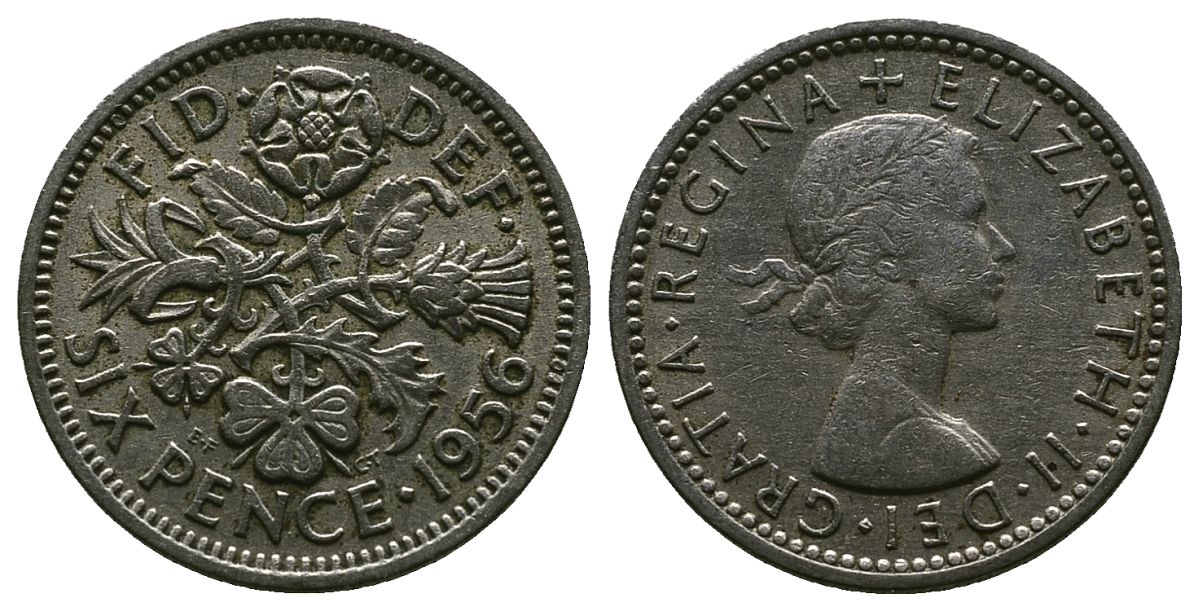 Великобритания 6 пенсов 1956 Елизавета II (1952-2022) KM 903, Spink 4149 медно-никель 4381-649