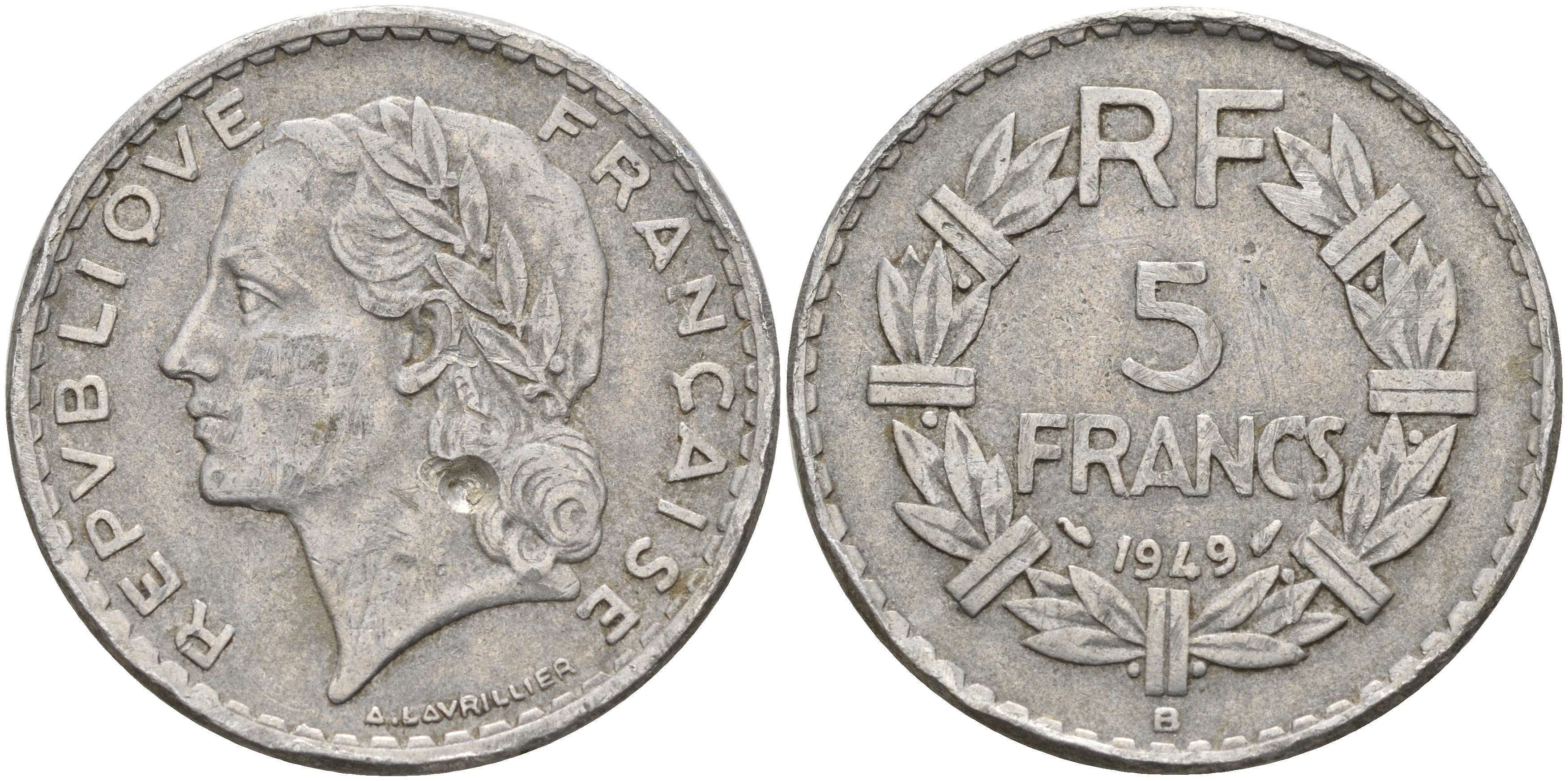 Франция 5 франков 1949 В, тип Лаврийе, Closed 9, мондвор Бомон ле-Роже KM 888b.2, LE FRANC алюминий    4599-1131