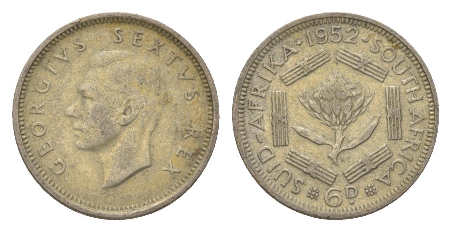 ЮАР 6 пенсов 1952 Георг VI (1936-1952) KM 36.2 серебро 4623-658