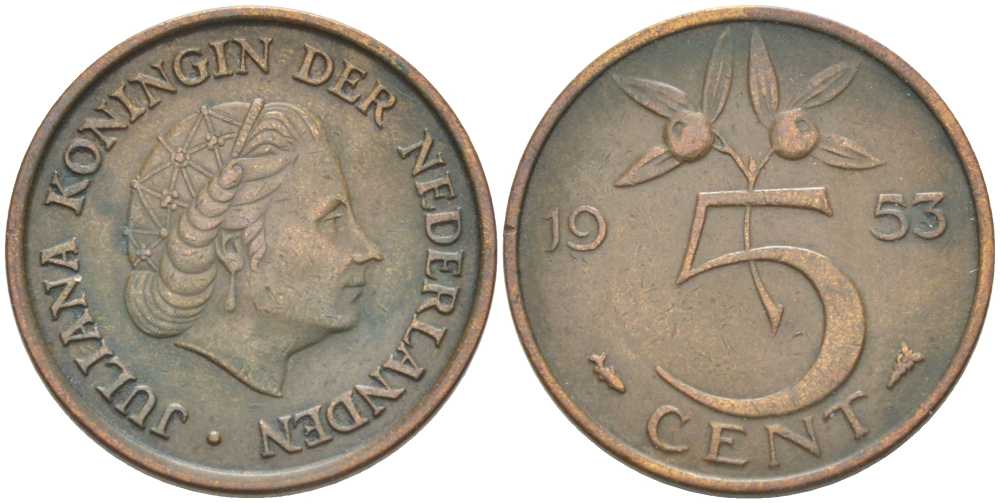 Нидерланды 5 центов 1953 Юлиана (1948-1980) KM 181 бронза 213-1016