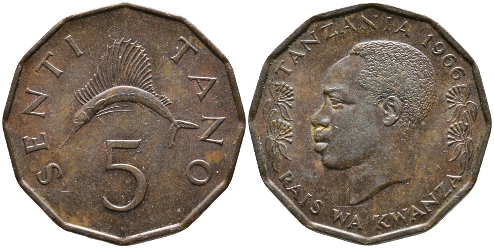 ТАНЗАНИЯ 5 СЕНТИ 1966 ПРЕЗИДЕНТ ДЖУЛИУС НЬЕРЕРЕ, ТУНЕЦ ПАРУСНИК KM 1 бронза 4529-836