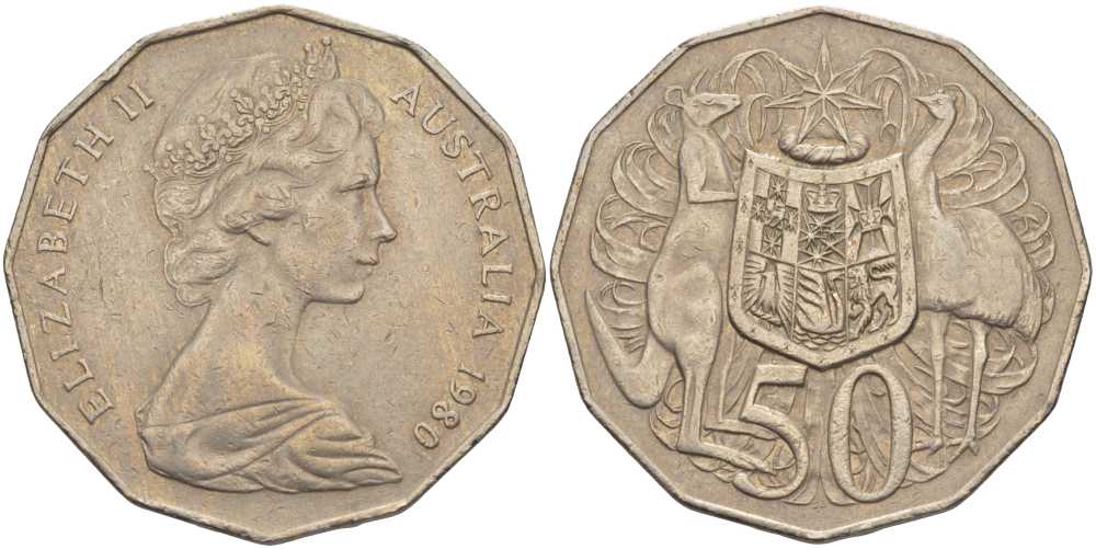 Австралия 50 центов 1980 Елизавета II (1952-2022), герб, кенгуру KM 68 медно-никель 107-122