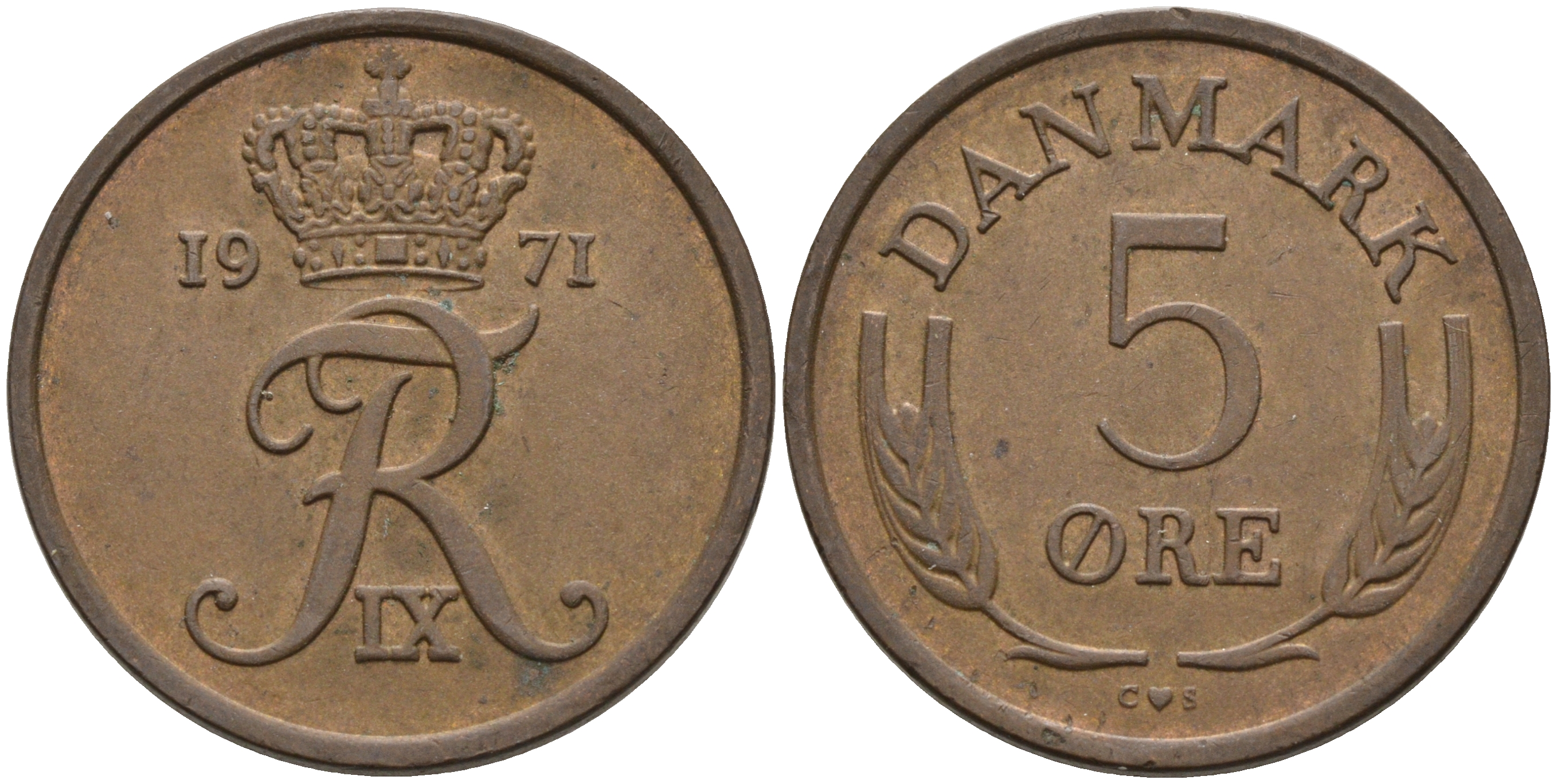 ДАНИЯ 5 ЭРЕ 1971 C; S, ФРЕДЕРИК IX (1947-1972) KM 848.1 бронза 4566-522